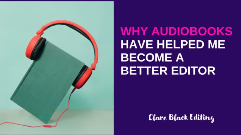Headphones plugged into a book with caption why audiobooks have helped me become a better editor